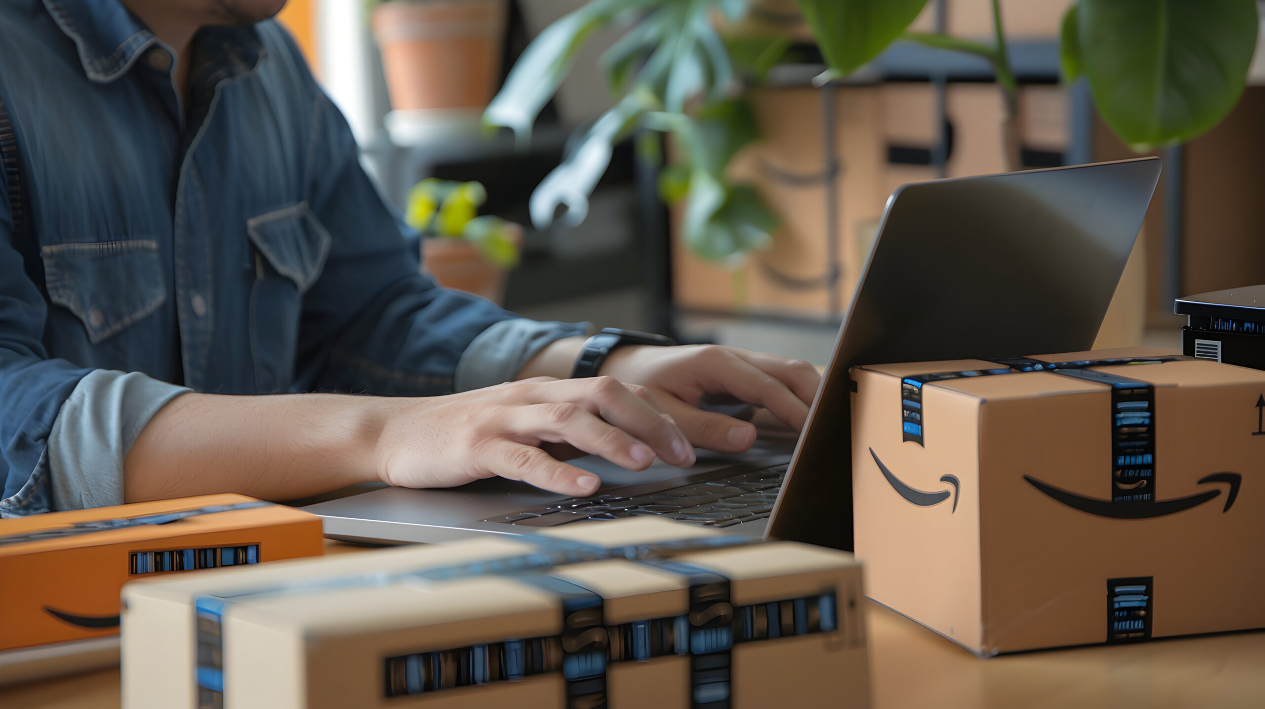 man using laptop with box books his lap